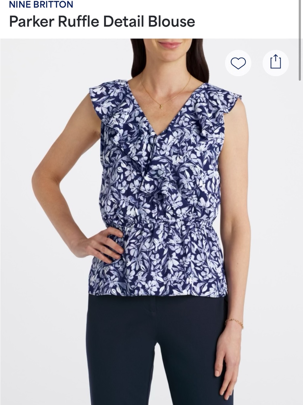 nine britton Navy and White Floral Ruffle V-Neck Blouse